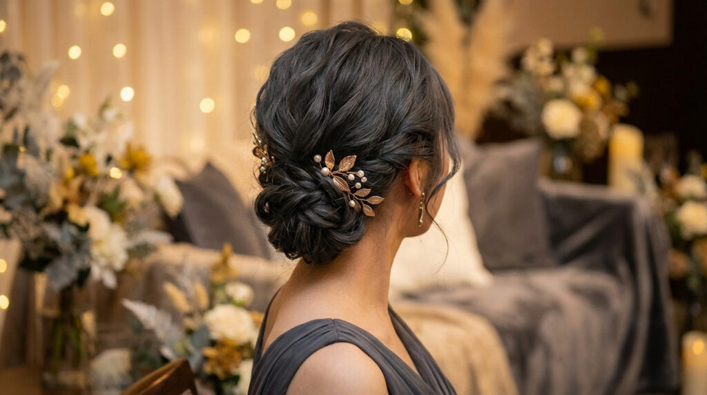 Elegant dark grey chignon hairstyle with golden leaf and pearl hairpins on a woman, seen from back. Soft, warm lighting.