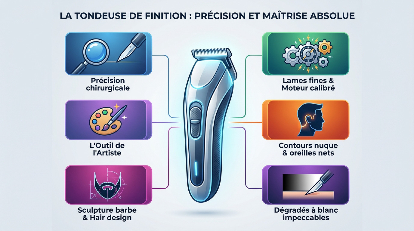 Coiffeur utilisant une tondeuse de finition pour réaliser des contours précis sur une coupe homme