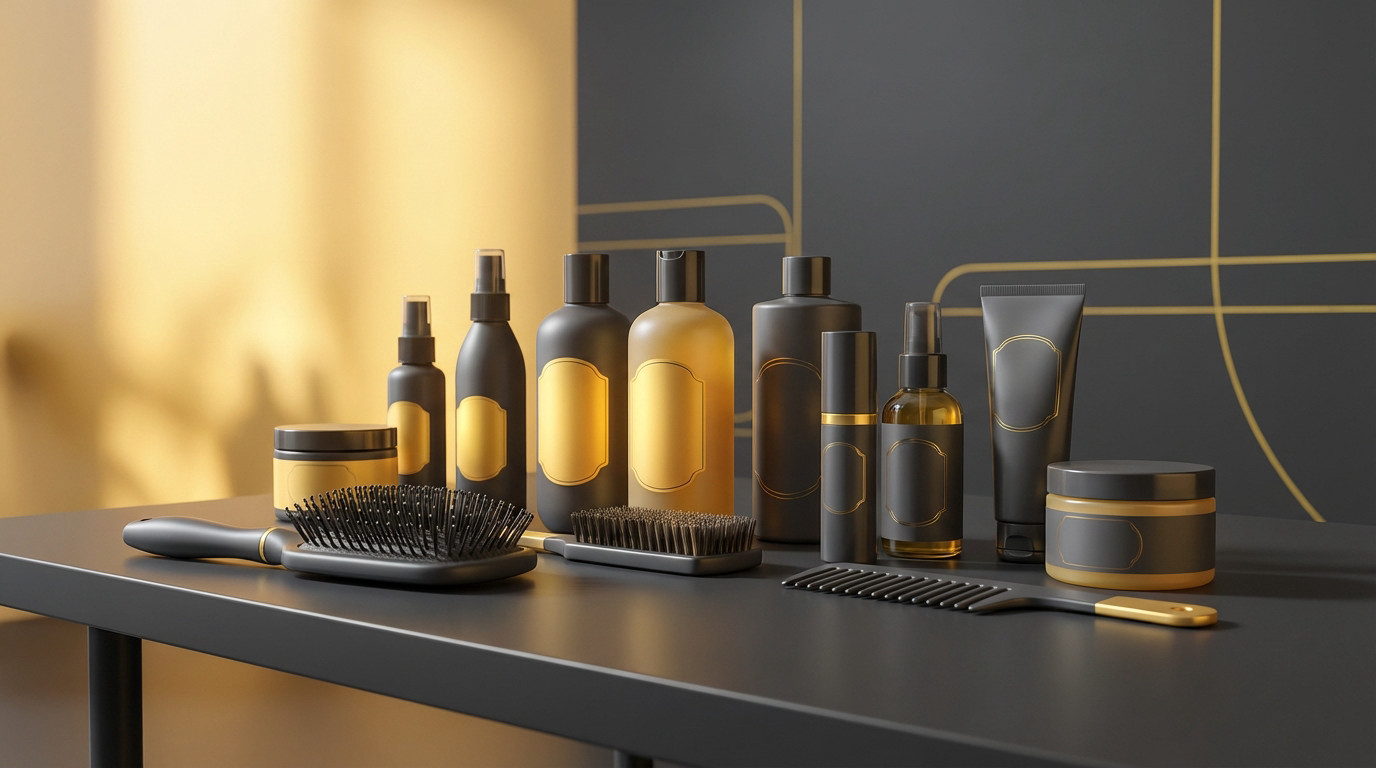 Photo-realistic display of professional hair and beauty products. Charcoal and gold bottles, jars, brushes, comb. Soft lighting.