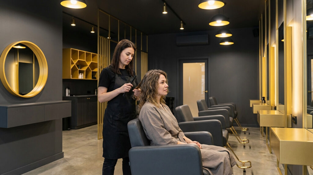 Modern salon, charcoal grey and golden yellow. Hairdresser combs client's hair in sleek chair under soft golden light.